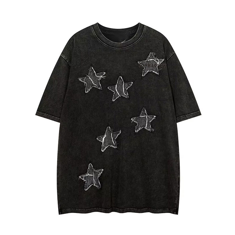 تيشيرت بياقة دائرية عالي الجودة بتصميم الشارع مع رقع مطرزة وغسيل حمضي وتصميم عتيق