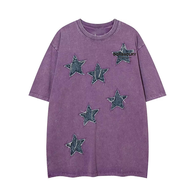 تيشيرت بياقة دائرية عالي الجودة بتصميم الشارع مع رقع مطرزة وغسيل حمضي وتصميم عتيق