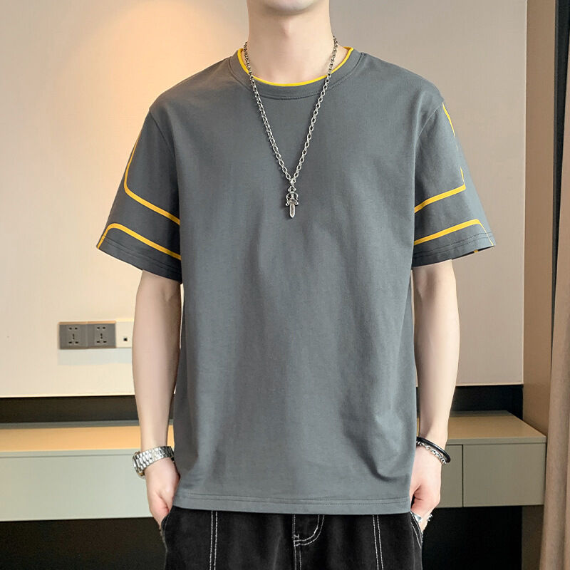 تي شيرت رجالي بأكمام قصيرة مطرز بشعار مخصص وتصميم مطبوع، تي شيرت فضفاض بأكمام نصفية للصيف