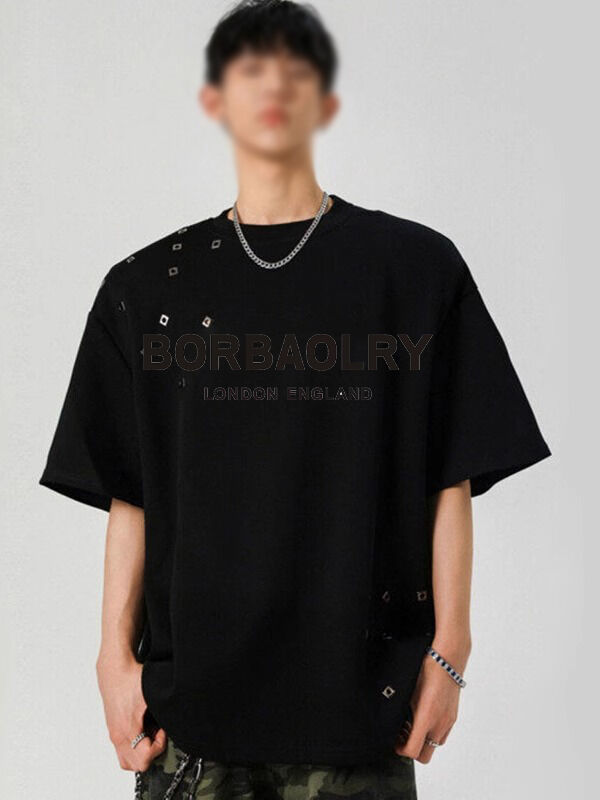 تي شيرت أسود كبير الحجم من المصنع الأصلي للرجال برسومات وغسيل حمضي عتيق مخصص للبيع بالجملة، تي شيرت ثقيل الوزن