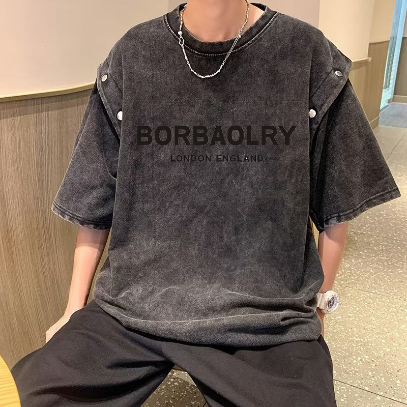 قميص فانتاز قابل للفصل ذو أكمام قصيرة للرجال قميص غسيل حمض القطن الثقيل