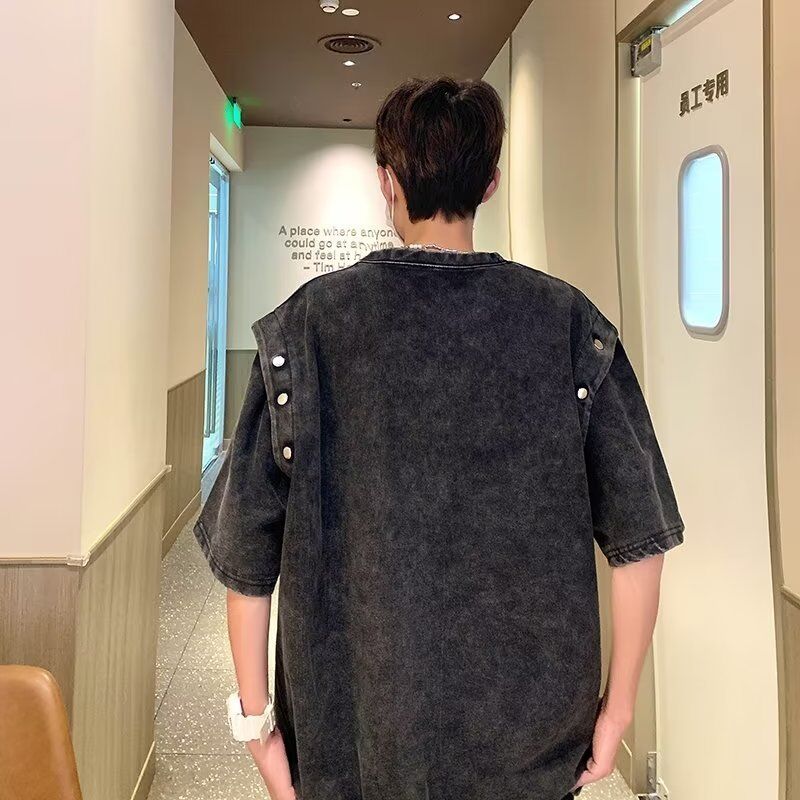 قميص فانتاز قابل للفصل ذو أكمام قصيرة للرجال قميص غسيل حمض القطن الثقيل