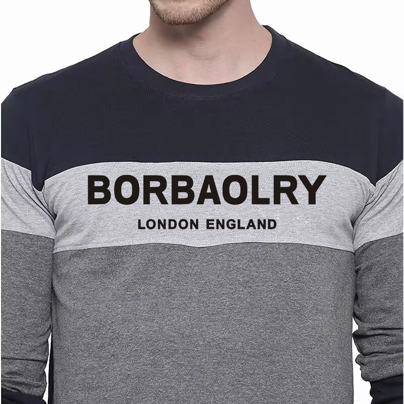 تي شيرت رجالي بأكمام طويلة رفيعة بياقة دائرية مقاس كبير بتصميم كتل ألوان للخريف والشتاء