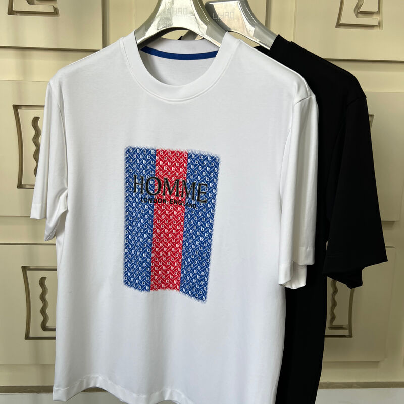 تي شيرت بياقة دائرية مطرز | تي شيرت رجالي فاخر بياقة دائرية بتصميم حروف ونقوش ثلاثية الأبعاد، تصنيع جيرسي