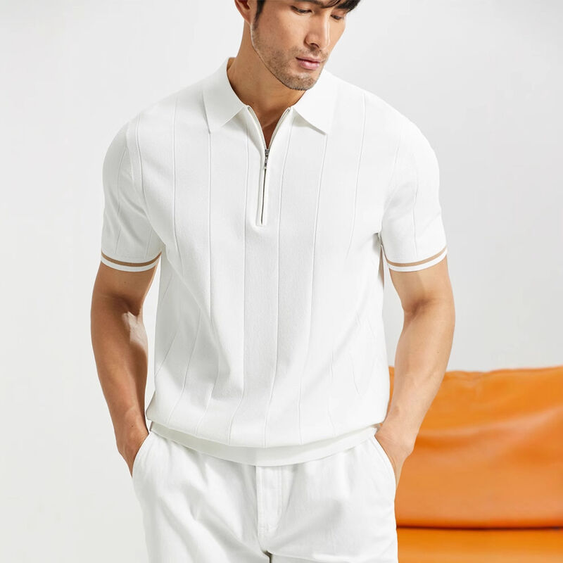 قميص بولو أنيق قصير الأكمام منسوج كاجوال بسحاب، قميص بولو سادة ناعم يسمح بالتهوية، قميص بولو مخصص للأعمال